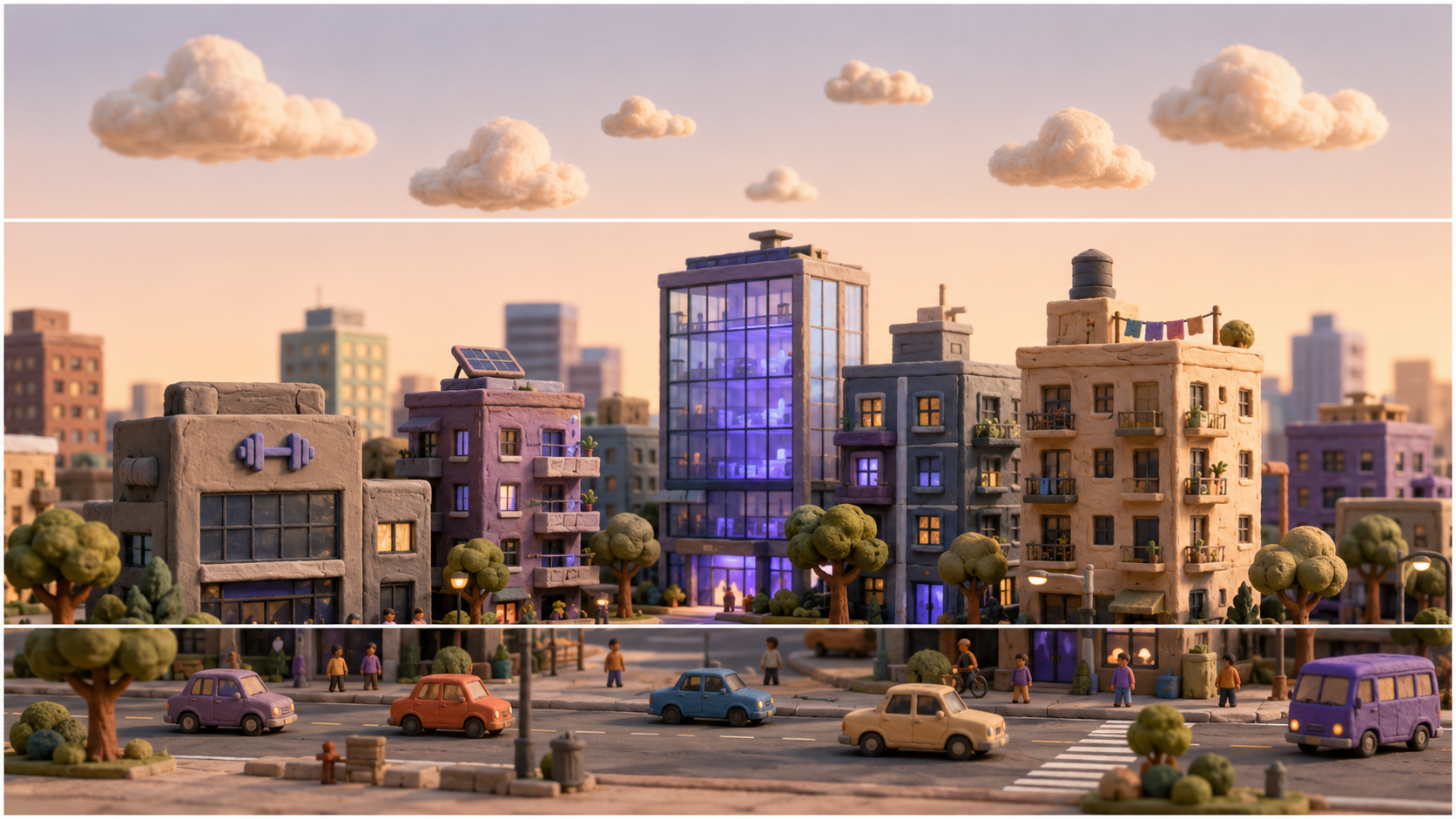 A handcrafted clay miniature city representing the Neutrax product universe