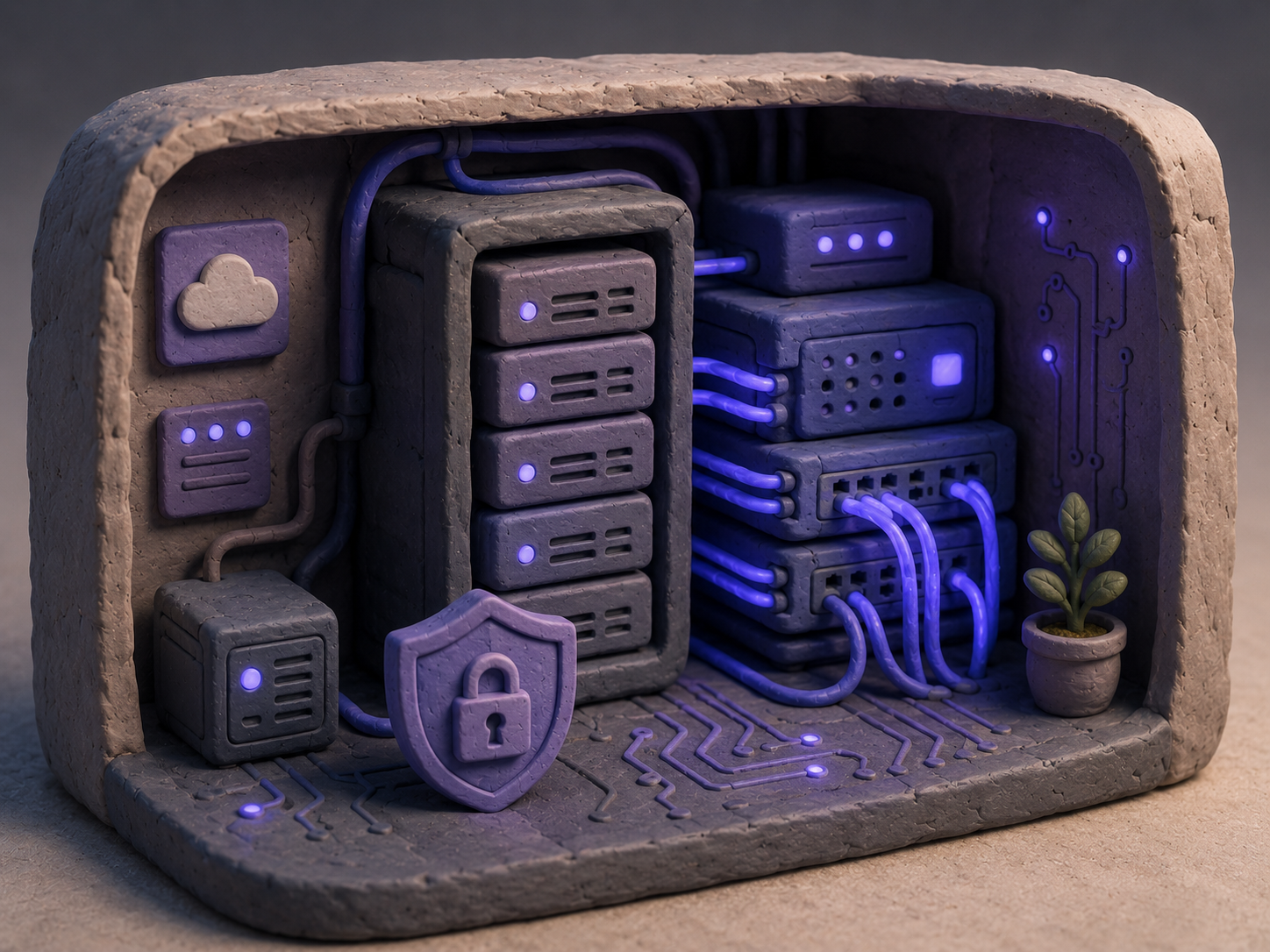 A layered clay illustration of a shared technology core connecting Neutrax product buildings