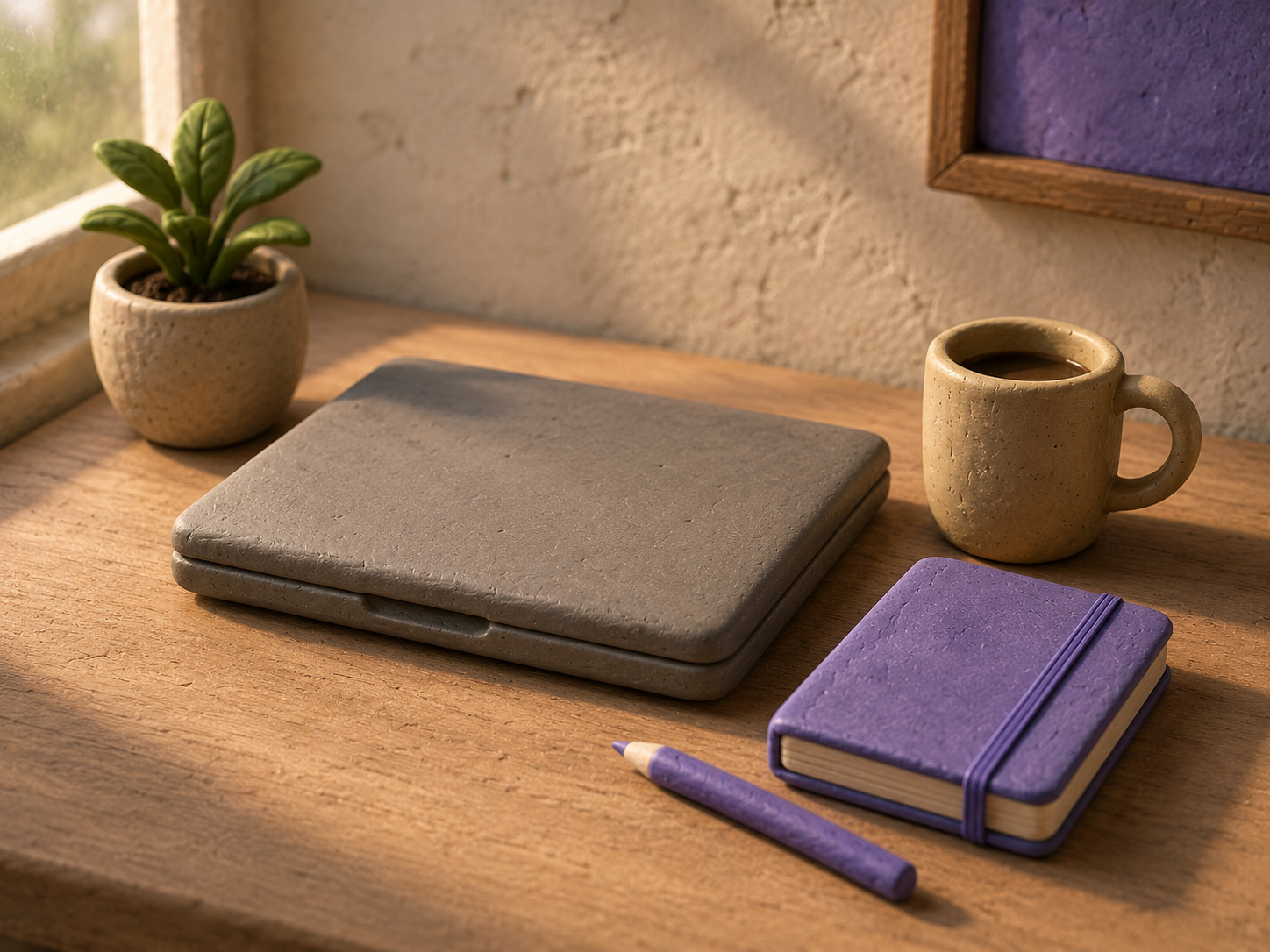 A minimal abstract still-life object in indigo and warm neutral tones